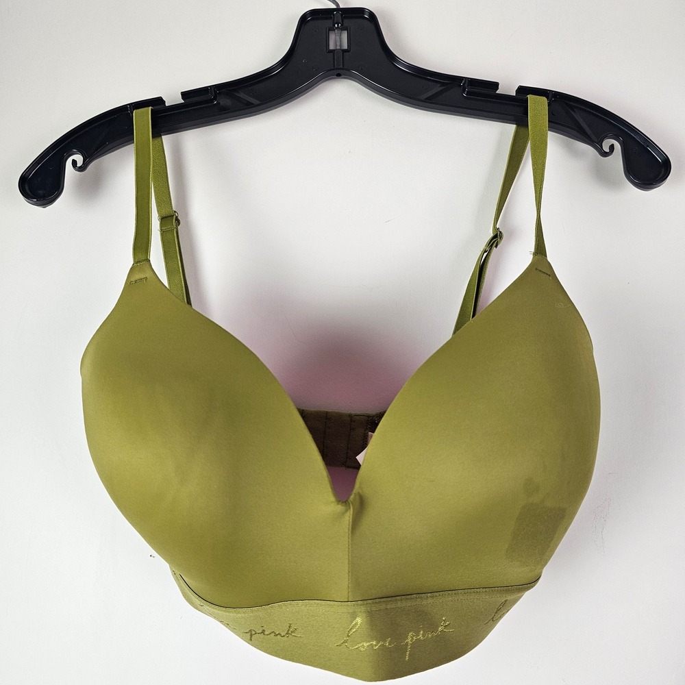 Victorias Secret PINK Wear Everywhere Wireless Bra Olive Green 32DD *Read